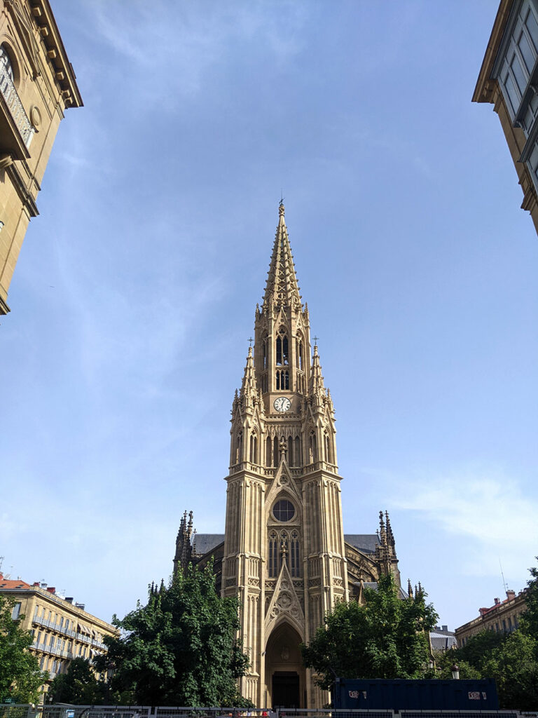 the spire of the Buen Pastor Cathedral in San Sebastian