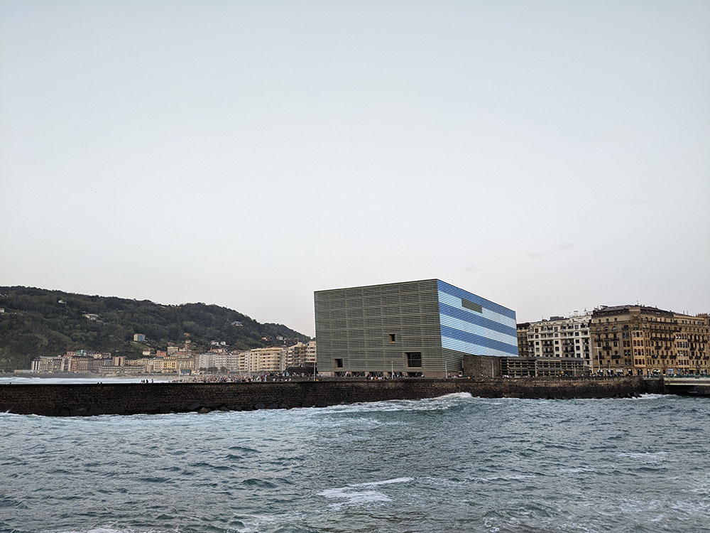 Kursaal buillding in San Sebastian with blue and white lights to support Real Soceidad