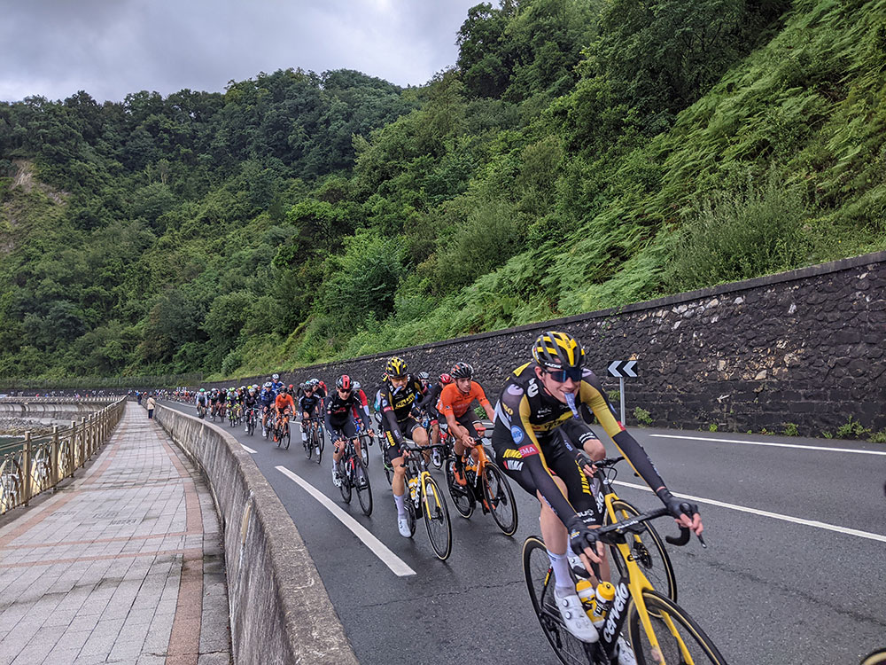 professional cyclists on the coastal road from Zarautz to Getaria in the classica de San Sebastian