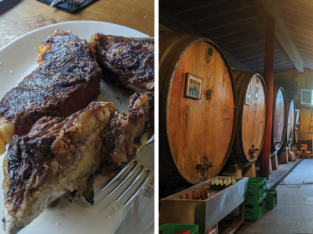 The cider barrels and txuleta at Astarbe Cider House in Astigarraga 