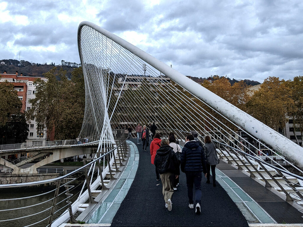 The Zubizuri Bridge in Bilbao crossing the river nervión