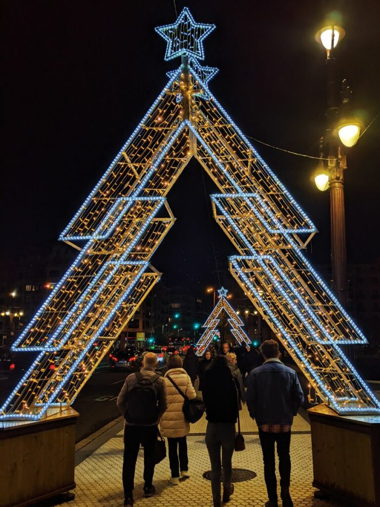 Christmas tree lights on the bridge in San Sebastian