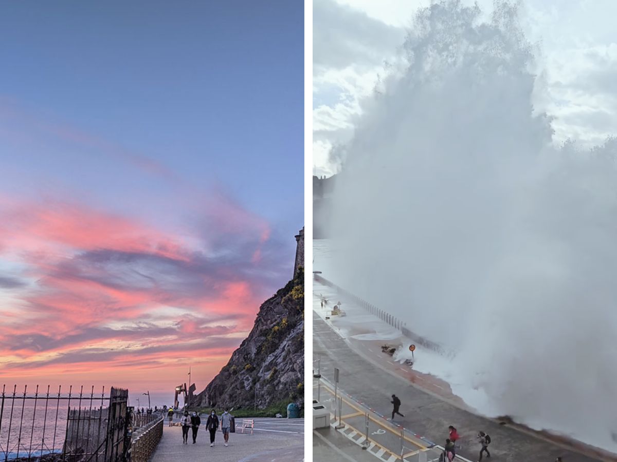 Paseo nuevo at sunset and the huge waves crashing against the walls