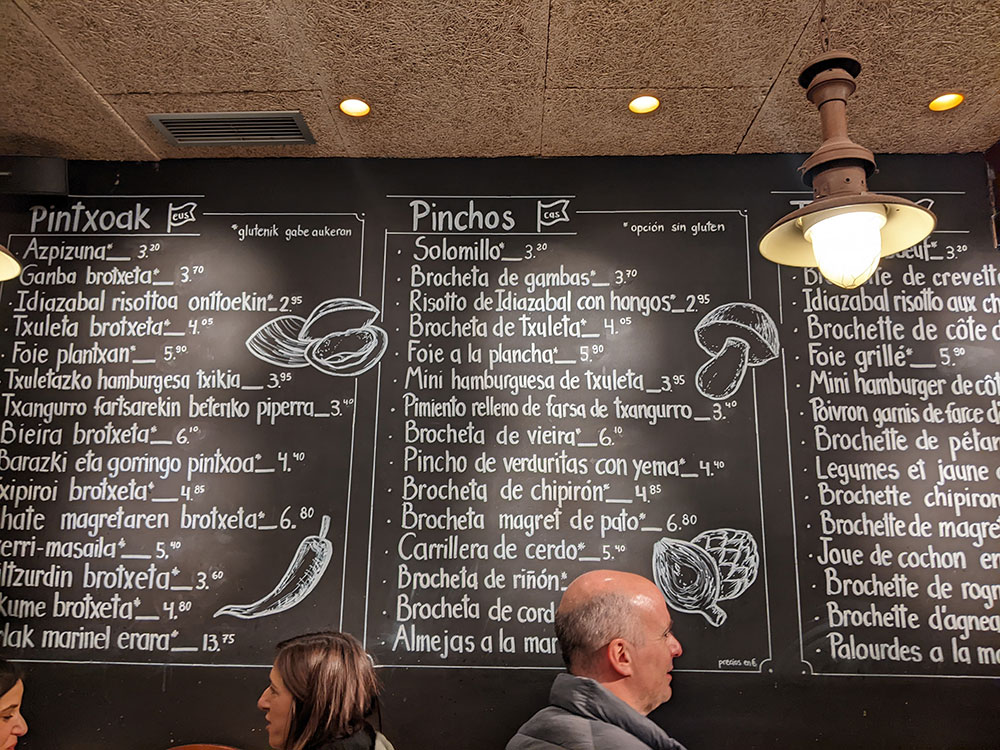 The pintxo menu board at Gandarias San Sebastian Old Town