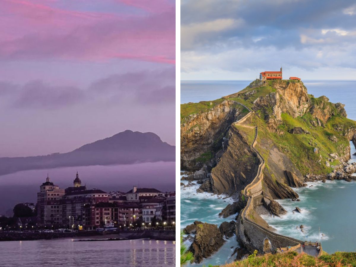 Honarribia skyline during sunset and view over San Juan de Gaztelugatxe